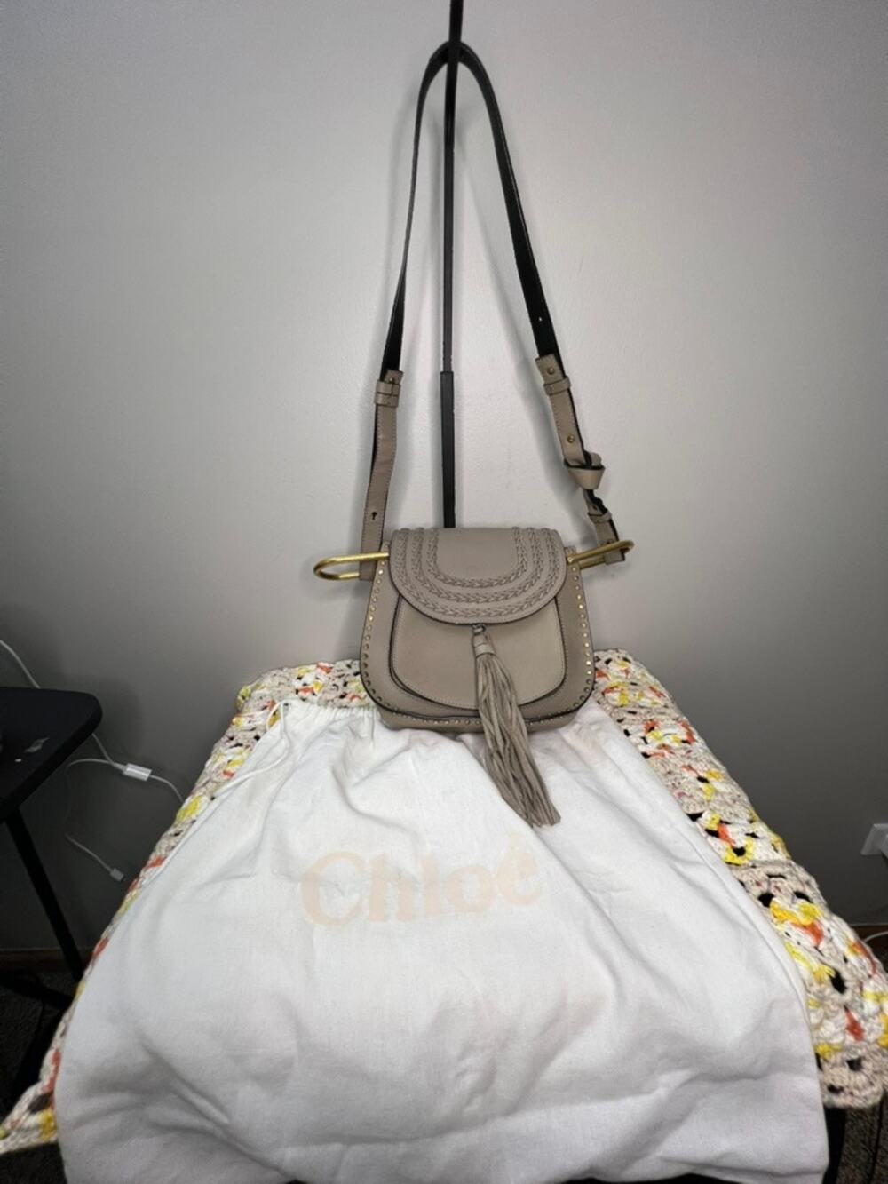 Chloe Hudson Small Crossbody Bag Motty Grey Leather Studded Tassel Dust Bag